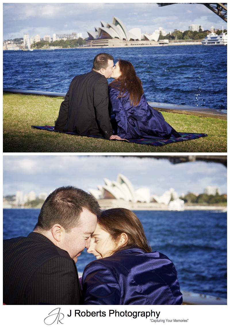 Couple kissing with Sydney Opera House in the background - pre wedding portrait photography sydney